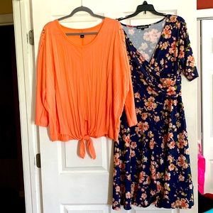 3/4 sleeve orange cream shirt and wrap dress combo